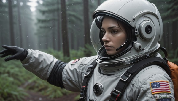 1girl,solo,black hair,gloves,brown eyes,upper body,outdoors,black gloves,bag,blurry,black eyes,tree,lips,depth of field,blurry background,backpack,helmet,nature,forest,realistic,nose,american flag,spacesuit,japanese flag,astronaut,brown hair,parted lips,from side,looking away,outstretched arm,science fiction,rain,looking afar,flag print,space helmet,united states