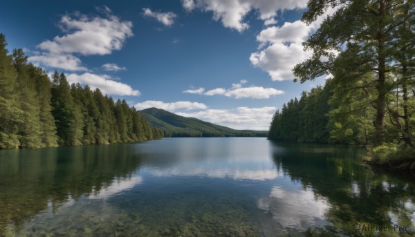 outdoors,sky,day,cloud,water,tree,blue sky,no humans,cloudy sky,nature,scenery,forest,reflection,mountain,river,landscape,lake,reflective water