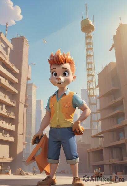 solo,looking at viewer,smile,short hair,brown hair,shirt,1boy,holding,brown eyes,standing,full body,short sleeves,male focus,outdoors,sky,shoes,shorts,day,belt,pants,artist name,cloud,bag,orange hair,vest,blue sky,bird,animal,brown footwear,blue shirt,denim,building,child,dog,city,aircraft,male child,giant,open mouth,multiple boys,teeth,sandals,spiked hair,mohawk