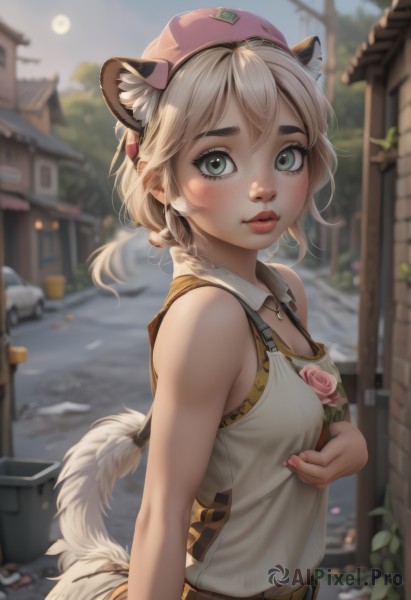 1girl,solo,breasts,looking at viewer,blush,short hair,bangs,blonde hair,shirt,hat,animal ears,bare shoulders,green eyes,tail,white shirt,upper body,braid,flower,small breasts,outdoors,parted lips,sky,sleeveless,day,belt,blurry,from side,lips,animal ear fluff,bare arms,depth of field,blurry background,rose,beret,moon,suspenders,pink flower,freckles,pink rose,long hair,jewelry,necklace,nail polish,sleeveless shirt,fake animal ears,pink nails,road,pink headwear,tiger ears,tiger tail