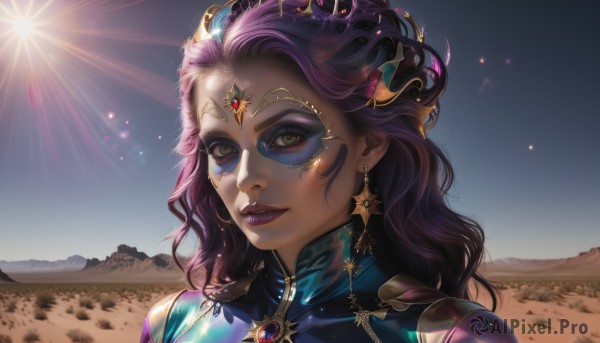 1girl,solo,long hair,looking at viewer,smile,hair ornament,brown eyes,jewelry,purple hair,earrings,outdoors,parted lips,sky,day,shiny,artist name,star (symbol),lips,makeup,lipstick,gem,portrait,eyeshadow,sun,purple lips,desert,dress,yellow eyes,glasses,blue sky,eyelashes,watermark,wavy hair,sunlight,lens flare,freckles,eyeliner,star earrings,tinted eyewear,forehead jewel