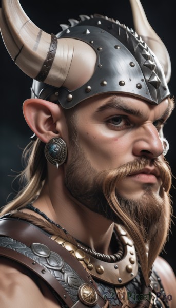 solo,long hair,looking at viewer,blonde hair,simple background,brown hair,1boy,brown eyes,jewelry,closed mouth,male focus,earrings,horns,pointy ears,necklace,armor,black eyes,facial hair,helmet,black background,portrait,beard,realistic,mustache,fake horns,horned helmet,upper body,serious,manly