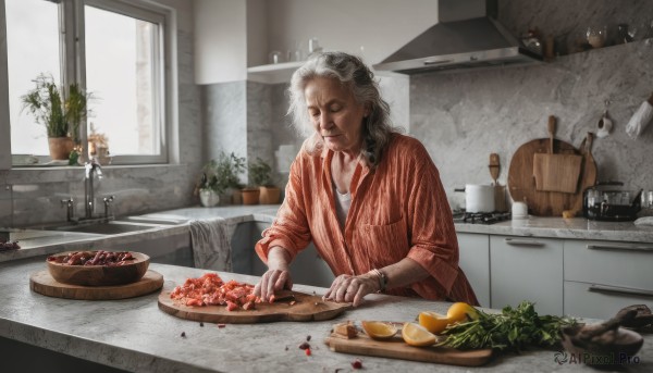 1girl,solo,long hair,smile,shirt,long sleeves,1boy,jewelry,closed mouth,closed eyes,white hair,grey hair,male focus,earrings,food,day,striped,indoors,bracelet,window,fruit,scar,table,bottle,knife,plant,plate,watch,striped shirt,realistic,basket,wristwatch,potted plant,bread,old,kitchen,tomato,vegetable,sink,counter,faucet,old woman,lettuce,kitchen knife,wrinkled skin,cutting board,flower,necklace,cup,ring,bowl,old man,cooking,orange (fruit),jar,frying pan,refrigerator,onion