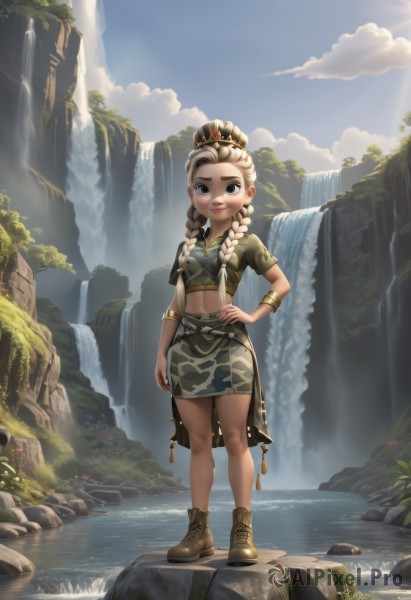 1girl,solo,long hair,breasts,looking at viewer,smile,blue eyes,skirt,blonde hair,shirt,navel,jewelry,closed mouth,standing,full body,braid,short sleeves,earrings,small breasts,boots,outdoors,sky,day,midriff,cloud,water,necklace,black eyes,twin braids,bracelet,tree,blue sky,lips,crop top,hand on hip,brown footwear,sunlight,cloudy sky,plant,green skirt,child,nature,hair over shoulder,cross-laced footwear,rock,green shirt,lace-up boots,female child,ankle boots,waterfall,cliff,moss,hair ornament,multicolored hair,facial mark,thick eyebrows,crown,animal print,facepaint