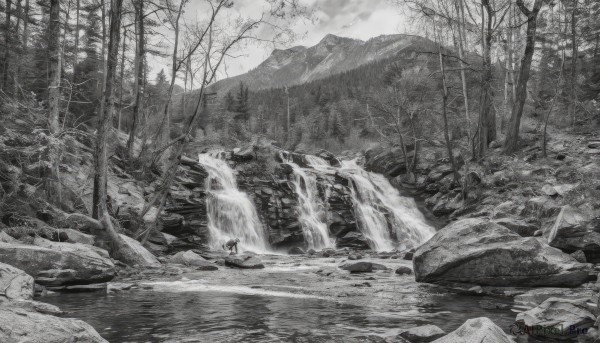 1girl,solo,hat,monochrome,greyscale,outdoors,sky,cloud,water,tree,no humans,traditional media,nature,scenery,forest,rock,mountain,river,waterfall,landscape,short hair,stream