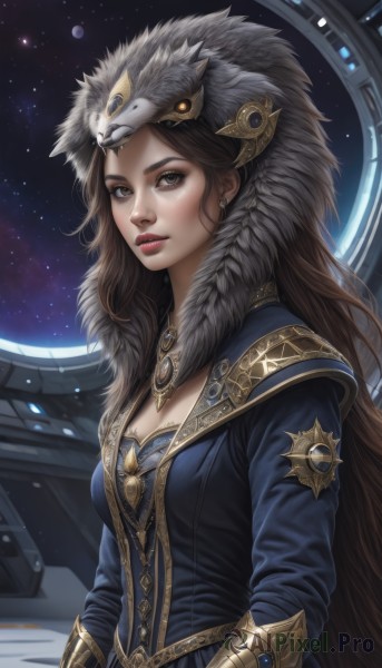 1girl,solo,long hair,breasts,looking at viewer,brown hair,long sleeves,cleavage,brown eyes,jewelry,medium breasts,very long hair,closed mouth,upper body,earrings,sky,lips,fur trim,eyelashes,makeup,night,gauntlets,star (sky),starry sky,realistic,nose,space,pelt,dress,parted lips,artist name,signature,hood,necklace,blue dress,lipstick,gem,night sky,eyeshadow,freckles,headpiece,red lips