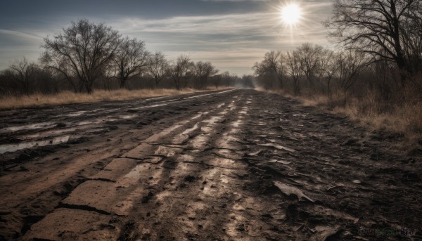 outdoors,sky,day,cloud,water,tree,no humans,sunlight,cloudy sky,grass,nature,scenery,forest,reflection,sunset,rock,mountain,sun,road,bare tree,river,landscape,light rays