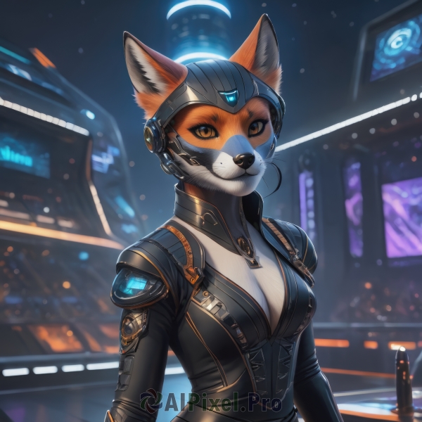 1girl,solo,breasts,looking at viewer,smile,long sleeves,animal ears,cleavage,brown eyes,medium breasts,closed mouth,jacket,upper body,outdoors,artist name,signature,blurry,official alternate costume,black jacket,orange eyes,animal ear fluff,fox ears,bodysuit,night,blurry background,watermark,moon,helmet,fox girl,building,gem,furry,zipper,city,furry female,black bodysuit,body fur,white fur,animal nose,two-tone fur,orange fur,headset,snout