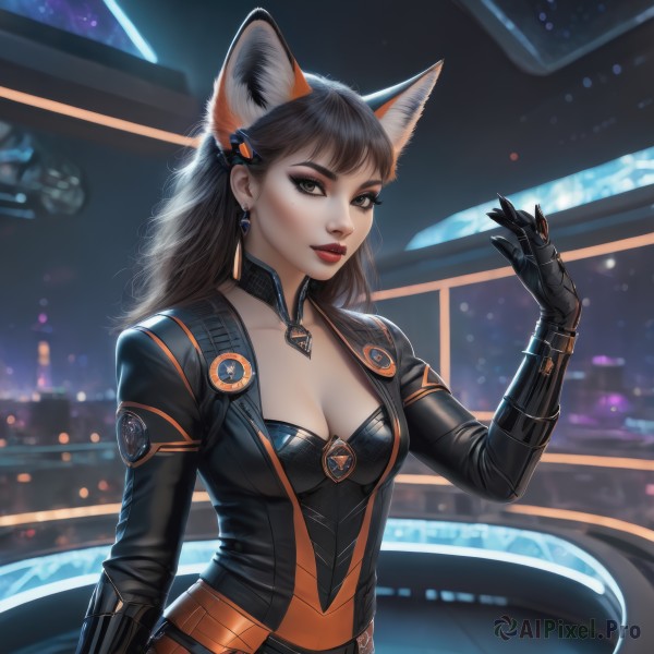 1girl,solo,long hair,breasts,looking at viewer,bangs,brown hair,black hair,hair ornament,gloves,animal ears,cleavage,brown eyes,jewelry,medium breasts,jacket,upper body,earrings,parted lips,artist name,cat ears,hand up,signature,mole,blurry,black eyes,lips,fox ears,bodysuit,makeup,detached collar,blurry background,lipstick,eyeshadow,science fiction,realistic,nose,red lips,eyeliner,city lights,cyberpunk,open clothes,choker,black gloves,collar,black jacket,mole under eye,night,thick eyebrows,ground vehicle,motor vehicle,black bodysuit