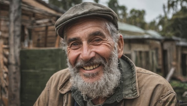 solo,looking at viewer,smile,open mouth,1boy,hat,jacket,upper body,white hair,grey hair,male focus,outdoors,teeth,day,grin,blurry,tree,blurry background,facial hair,beret,building,portrait,beard,meme,brown jacket,realistic,mustache,manly,house,old,old man,grey headwear,wrinkled skin,shirt,open clothes,open jacket,lips,grey eyes,black headwear,depth of field,scar,happy,brown headwear,leather,brown coat,leather jacket,photo background