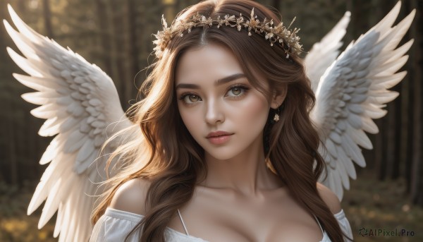 1girl,solo,long hair,breasts,looking at viewer,large breasts,brown hair,hair ornament,dress,cleavage,bare shoulders,brown eyes,jewelry,closed mouth,collarbone,upper body,earrings,outdoors,wings,off shoulder,white dress,blurry,lips,eyelashes,depth of field,blurry background,portrait,feathered wings,forehead,angel wings,realistic,nose,white wings,angel,head wreath,medium breasts,crown