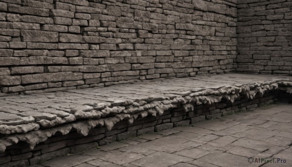 monochrome,outdoors,no humans,traditional media,grass,scenery,wall,brick wall,stone floor,stone wall,brick,brick floor,greyscale,leaf,plant,snow,spot color,tiles