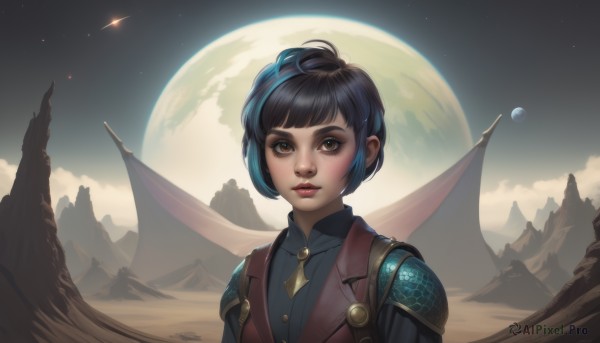 1girl,solo,looking at viewer,short hair,bangs,shirt,black hair,brown eyes,closed mouth,blue hair,upper body,multicolored hair,outdoors,parted lips,sky,artist name,cloud,blunt bangs,armor,vest,two-tone hair,lips,black shirt,makeup,night,moon,single hair bun,shoulder armor,star (sky),night sky,full moon,starry sky,freckles,mountain,nose,red lips,planet,desert,scenery,spacecraft