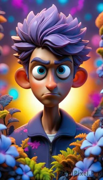 solo,looking at viewer,short hair,blue eyes,shirt,1boy,closed mouth,jacket,white shirt,upper body,purple hair,flower,male focus,artist name,blurry,depth of field,blurry background,frown,leaf,thick eyebrows,spiked hair,zipper,freckles,blue flower,male child,straight-on,watermark,serious,sanpaku