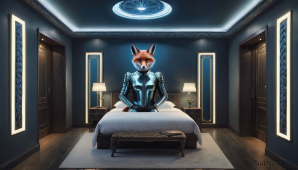 solo,looking at viewer,1boy,animal ears,sitting,tail,male focus,indoors,pillow,fox ears,no humans,window,bed,night,on bed,chair,table,own hands together,furry,wooden floor,door,clock,light,lamp,furry male,magic circle,bedroom,carpet,blue eyes,gloves,long sleeves,closed mouth,necktie,artist name,bodysuit,scenery,white fur,orange fur,hospital bed