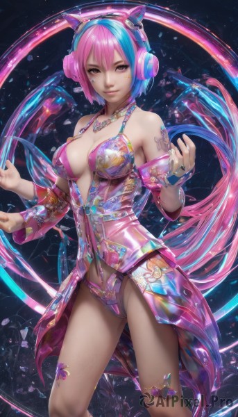 1girl,solo,breasts,looking at viewer,smile,short hair,navel,animal ears,cleavage,bare shoulders,brown eyes,jewelry,medium breasts,blue hair,standing,pink hair,multicolored hair,detached sleeves,cat ears,pink eyes,necklace,two-tone hair,leotard,lips,tattoo,fake animal ears,headgear,headphones,facial mark,revealing clothes,realistic,animal ear headphones,cat ear headphones,bangs,large breasts,hair between eyes,star (symbol),see-through