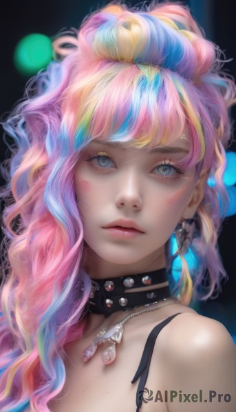 1girl,solo,long hair,looking at viewer,bangs,blue eyes,blonde hair,bare shoulders,jewelry,closed mouth,blue hair,pink hair,multicolored hair,earrings,choker,necklace,collar,two-tone hair,lips,streaked hair,eyelashes,makeup,wavy hair,black choker,piercing,lipstick,portrait,eyeshadow,realistic,nose,mascara,upper body,parted lips,artist name,blurry,gem,freckles,pink lips