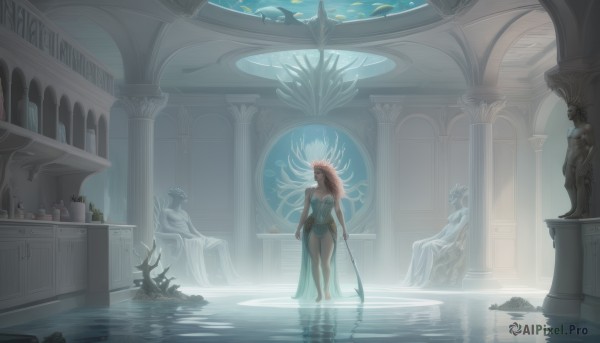 1girl,solo,long hair,breasts,dress,holding,bare shoulders,sitting,very long hair,standing,ponytail,weapon,pink hair,barefoot,indoors,water,from behind,white dress,chain,plant,scenery,wading,reflection,fish,fantasy,wide shot,pillar,vase,statue,column,cleavage,medium breasts,bare legs,sunlight,polearm