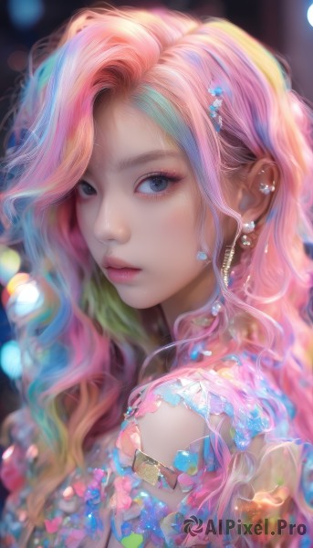 1girl,solo,long hair,looking at viewer,bangs,blue eyes,hair ornament,jewelry,closed mouth,blue hair,upper body,pink hair,multicolored hair,earrings,artist name,mole,blurry,from side,lips,streaked hair,eyelashes,makeup,depth of field,blurry background,wavy hair,piercing,gem,ear piercing,portrait,eyeshadow,pink lips,realistic,nose,colorful,mascara,blonde hair,green hair,hairclip,two-tone hair,gradient hair,watermark,lipstick,bokeh,pearl (gemstone),rainbow hair