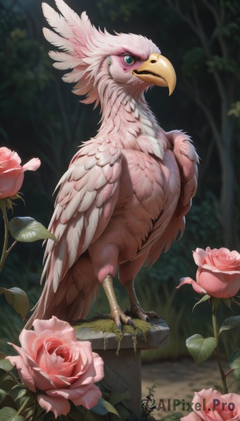 solo,blue eyes,green eyes,standing,full body,flower,outdoors,wings,day,blurry,tree,pokemon (creature),no humans,rose,bird,leaf,feathers,red flower,nature,pink flower,forest,red rose,realistic,animal focus,pink rose,talons,beak,looking at viewer,animal,grass,plant