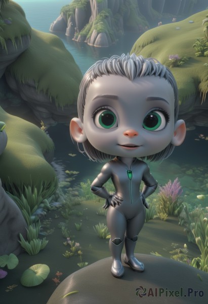 1girl,solo,looking at viewer,smile,short hair,open mouth,gloves,jewelry,green eyes,standing,full body,grey hair,outdoors,parted lips,water,necklace,flat chest,bodysuit,colored skin,leaf,grass,plant,nature,forehead,pendant,hands on hips,joints,mushroom,grey footwear,lily pad,grey bodysuit,black hair,flower,teeth,artist name,tree,forest,rock,black bodysuit,pond