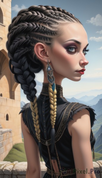 1girl,solo,long hair,breasts,looking at viewer,blue eyes,blonde hair,black hair,dress,bare shoulders,jewelry,closed mouth,upper body,braid,multicolored hair,earrings,small breasts,outdoors,sky,sleeveless,day,looking back,cloud,from behind,black dress,twin braids,two-tone hair,blue sky,lips,eyelashes,sleeveless shirt,gradient hair,makeup,lipstick,forehead,eyeshadow,freckles,mountain,nose,red lips,mascara,multiple braids,shirt,blue hair,artist name,dark skin,clothing cutout,piercing,gem,zipper,realistic,eyeliner,back cutout