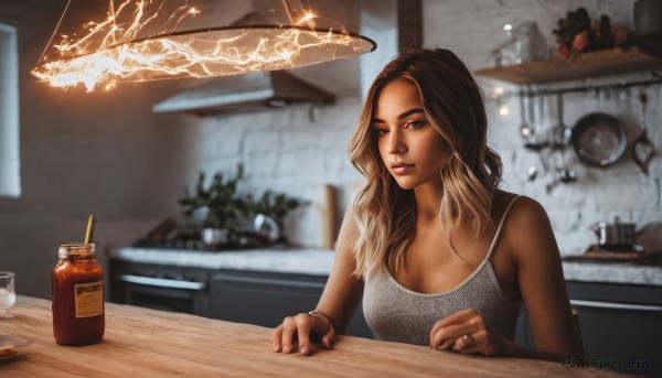 1girl,solo,long hair,breasts,looking at viewer,blonde hair,brown hair,brown eyes,jewelry,medium breasts,upper body,multicolored hair,indoors,dark skin,blurry,bracelet,dark-skinned female,cup,lips,depth of field,blurry background,table,ring,tank top,bottle,camisole,plate,drinking glass,realistic,nose,electricity,glass,coffee,kitchen,sink,cleavage,nail polish,plant