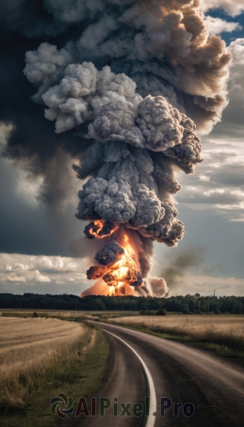 solo,outdoors,sky,day,cloud,tree,no humans,cloudy sky,grass,fire,scenery,smoke,burning,blue sky,road,field