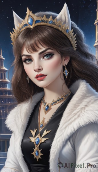 1girl,solo,long hair,breasts,looking at viewer,bangs,blue eyes,brown hair,dress,animal ears,jewelry,green eyes,jacket,upper body,earrings,outdoors,parted lips,open clothes,sky,teeth,cat ears,necklace,black dress,lips,coat,fur trim,eyelashes,makeup,night,fake animal ears,tiara,crown,lipstick,gem,star (sky),night sky,eyeshadow,starry sky,white coat,red lips,fur-trimmed coat,red gemstone,fur coat,blush,medium breasts,realistic