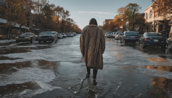 1girl,solo,black hair,1boy,standing,outdoors,sky,day,pants,from behind,black footwear,tree,blue sky,coat,ground vehicle,building,scenery,motor vehicle,walking,brown jacket,facing away,car,road,brown coat,street,trench coat,short hair,boots,shoes,cloud,black pants,snow,autumn leaves,wide shot,winter