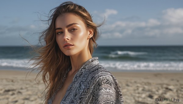 1girl,solo,long hair,looking at viewer,brown hair,brown eyes,upper body,outdoors,parted lips,open clothes,sky,day,cloud,water,blurry,blue sky,lips,dutch angle,floating hair,depth of field,blurry background,ocean,beach,wind,messy hair,portrait,realistic,nose,sand,jewelry,japanese clothes,kimono,necklace,thick eyebrows,cloudy sky,horizon,photo background,shore