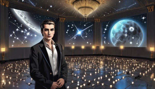 solo,looking at viewer,short hair,shirt,black hair,long sleeves,1boy,standing,jacket,white shirt,male focus,sky,collared shirt,pants,indoors,black eyes,black jacket,window,dress shirt,night,formal,moon,own hands together,suit,star (sky),starry sky,space,planet,earth (planet),constellation,chandelier,closed mouth,upper body,open clothes,lips,night sky,full moon,reflection,realistic,black suit