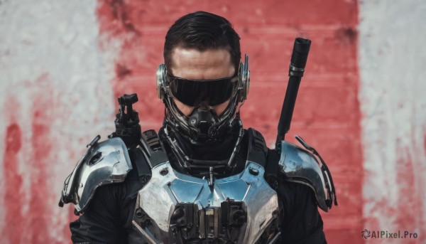 solo,brown hair,black hair,1boy,upper body,weapon,male focus,armor,gun,mask,shoulder armor,rifle,science fiction,realistic,weapon on back,bulletproof vest,sunglasses,helmet,facing viewer,headset