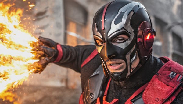 solo,looking at viewer,smile,gloves,1boy,brown eyes,upper body,male focus,parted lips,black gloves,blurry,bodysuit,mask,blurry background,helmet,fire,realistic,explosion,firing,jacket,teeth,black eyes,facial hair,portrait