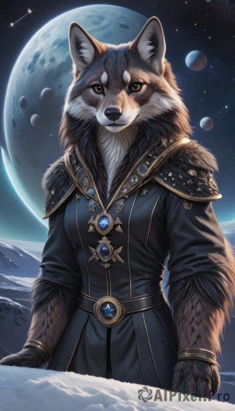 1girl,solo,breasts,looking at viewer,long sleeves,animal ears,brown eyes,jewelry,standing,yellow eyes,cowboy shot,outdoors,sky,belt,artist name,signature,necklace,armor,black dress,bracelet,night,animal,moon,brooch,shoulder armor,gem,star (sky),night sky,furry,snow,full moon,starry sky,pauldrons,mountain,furry female,arms at sides,space,body fur,animal focus,white fur,planet,wolf,earth (planet),black fur,fluffy,closed mouth,no humans,shooting star