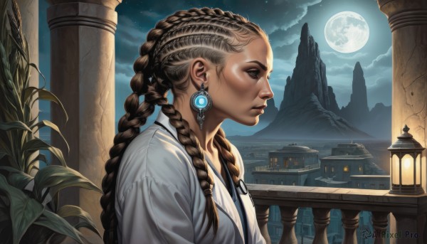 1girl,solo,long hair,brown hair,brown eyes,jewelry,closed mouth,upper body,braid,earrings,outdoors,sky,cloud,dark skin,twin braids,from side,lips,eyelashes,profile,night,moon,plant,building,star (sky),night sky,full moon,starry sky,robe,mountain,realistic,nose,fantasy,railing,architecture,pillar,balcony,multiple braids,shirt,dress,white shirt,artist name,dark-skinned female,makeup,leaf,looking away,cloudy sky,lipstick,scenery,lantern,mascara,moonlight