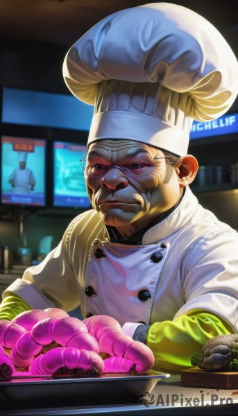 solo,1boy,hat,holding,closed mouth,upper body,male focus,food,glasses,indoors,buttons,facial hair,white headwear,beard,realistic,mustache,old,fat,old man,fat man,chef hat,chef,looking at viewer,gloves,long sleeves,black eyes,apron,lips,frown,plate,meme,nose,double-breasted,bald,doughnut,shop,pastry