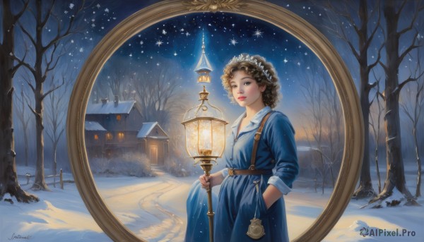 1girl,solo,looking at viewer,short hair,brown hair,hair ornament,long sleeves,dress,holding,brown eyes,jewelry,standing,outdoors,one eye closed,sky,belt,artist name,signature,star (symbol),tree,lips,window,night,blue dress,building,star (sky),night sky,scenery,snow,starry sky,curly hair,hand in pocket,lantern,snowing,lamp,house,winter,lamppost,bare tree,pine tree,smile,parted lips,bracelet