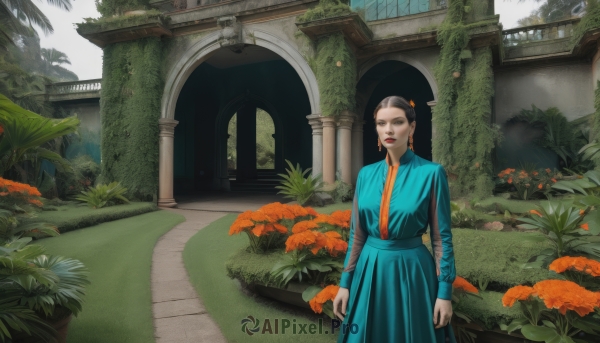 1girl,solo,long hair,looking at viewer,black hair,hair ornament,long sleeves,dress,jewelry,standing,flower,earrings,outdoors,day,black eyes,tree,lips,blue dress,grass,plant,scenery,pillar,orange flower,garden,sash,makeup,lipstick,red lips,bush