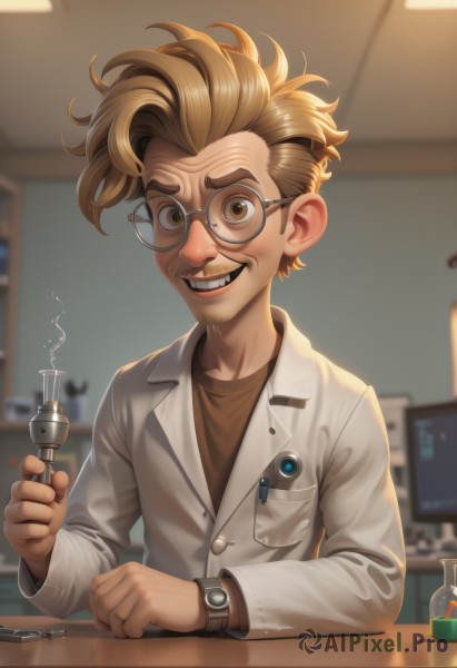 solo,looking at viewer,smile,short hair,blonde hair,brown hair,shirt,long sleeves,1boy,holding,brown eyes,jacket,upper body,male focus,glasses,teeth,indoors,grin,blurry,depth of field,blurry background,facial hair,thick eyebrows,pocket,watch,realistic,round eyewear,mustache,labcoat,wristwatch,brown shirt,male child,chalkboard,screwdriver,artist name,signature,lips,desk,pen,test tube,brown-framed eyewear