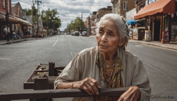 solo,shirt,1boy,jewelry,closed mouth,upper body,white hair,grey hair,male focus,outdoors,sky,day,cloud,necklace,blurry,bracelet,tree,blurry background,facial hair,ring,building,city,realistic,railing,car,road,old,old man,street,photo background,old woman,looking at viewer,smile,holding,brown eyes,japanese clothes,blue sky,depth of field,cloudy sky,ground vehicle,motor vehicle,beard,beads,sign,bead necklace,town,wrinkled skin