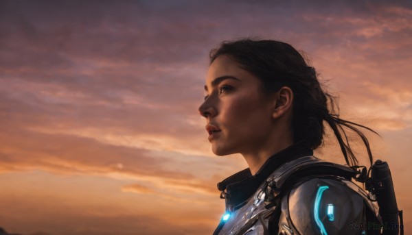 1girl,solo,brown hair,black hair,brown eyes,upper body,outdoors,parted lips,sky,cloud,dark skin,bag,from side,dark-skinned female,lips,bodysuit,profile,backpack,cloudy sky,science fiction,sunset,realistic,nose,looking afar,glowing,dusk,sunrise