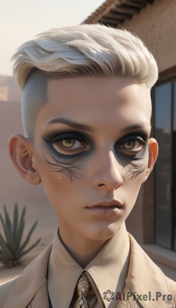 1girl,solo,looking at viewer,short hair,blonde hair,shirt,1boy,brown eyes,jewelry,closed mouth,yellow eyes,white shirt,white hair,male focus,collared shirt,blurry,lips,eyelashes,tattoo,makeup,blurry background,facial mark,brooch,portrait,realistic,nose,facepaint,undercut,facial tattoo,neck tattoo,necktie,indoors,expressionless,asymmetrical hair,eyeliner,very short hair