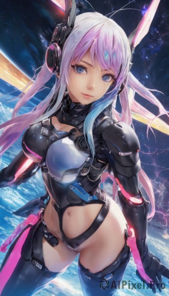 1girl,solo,long hair,breasts,looking at viewer,smile,bangs,blue eyes,large breasts,thighhighs,gloves,navel,medium breasts,closed mouth,blue hair,standing,pink hair,purple hair,multicolored hair,cowboy shot,black gloves,midriff,black thighhighs,armor,two-tone hair,leotard,lips,clothing cutout,bodysuit,gradient hair,headgear,facial mark,star (sky),science fiction,space,navel cutout,planet,ahoge,headphones,shoulder armor