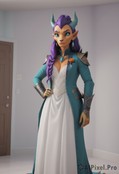 1girl,solo,long hair,breasts,looking at viewer,smile,blue eyes,long sleeves,dress,cleavage,jewelry,medium breasts,closed mouth,standing,purple hair,braid,flower,earrings,small breasts,horns,pointy ears,artist name,indoors,dark skin,necklace,white dress,armor,aqua eyes,dark-skinned female,hand on hip,single braid,watermark,shoulder armor,hair over shoulder,door,long dress,single pauldron,open clothes,colored sclera