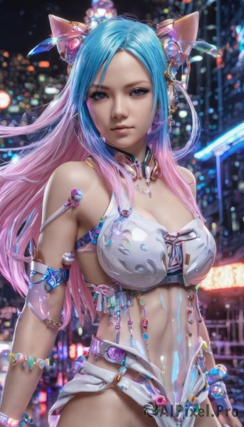 1girl,solo,long hair,breasts,looking at viewer,bangs,blue eyes,large breasts,hair ornament,navel,animal ears,cleavage,bare shoulders,jewelry,medium breasts,blue hair,pink hair,multicolored hair,earrings,parted lips,choker,midriff,cat ears,necklace,blurry,bracelet,two-tone hair,lips,gradient hair,blurry background,piercing,revealing clothes,armlet,realistic,nose,swimsuit,bikini,fake animal ears,science fiction