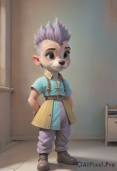 solo,smile,shirt,1boy,animal ears,brown eyes,standing,full body,short sleeves,grey hair,male focus,belt,pants,indoors,arms behind back,child,furry,furry male,male child,boots,shoes,colored skin,brown footwear,cross,spiked hair,freckles,animal nose,mohawk