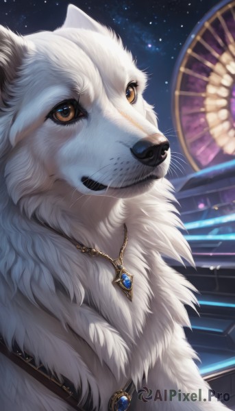 solo,brown eyes,jewelry,upper body,outdoors,sky,artist name,signature,necklace,no humans,night,animal,scar,looking up,brooch,gem,star (sky),night sky,scar on face,pendant,starry sky,dog,scar across eye,animal focus,white fur,fluffy,cat,realistic,architecture,east asian architecture