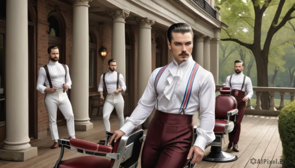 shirt,black hair,white shirt,male focus,multiple boys,pants,tree,ascot,facial hair,chair,suspenders,3boys,instrument,beard,4boys,realistic,mustache,5boys,manly,looking at viewer,short hair,1boy,holding,closed mouth,standing,outdoors,red pants,drum