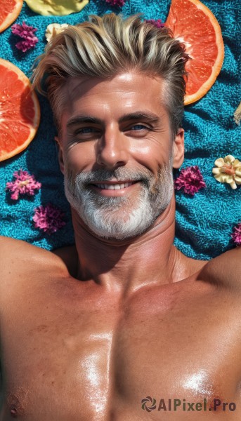 solo,looking at viewer,smile,short hair,blue eyes,blonde hair,1boy,nipples,collarbone,upper body,flower,grey hair,male focus,nude,lying,food,teeth,shiny,on back,water,lips,shiny skin,muscular,fruit,facial hair,thick eyebrows,pectorals,muscular male,portrait,bara,beard,mature male,realistic,mustache,manly,old,old man,orange (fruit),lemon,orange slice,wrinkled skin,grin,large pectorals